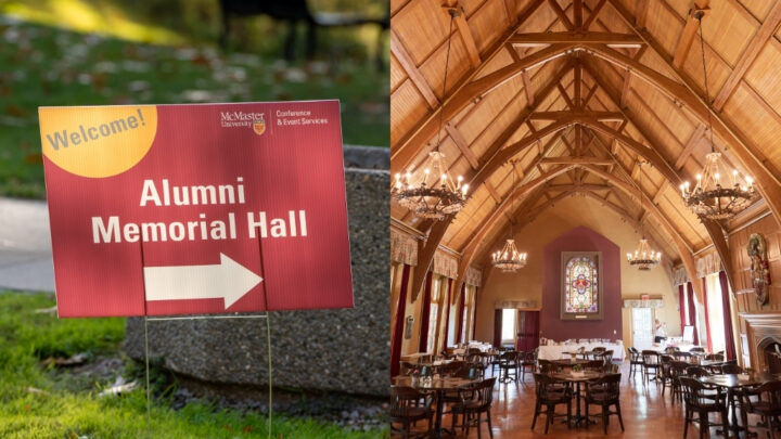 Image split in two halves. On the left is a sign that says "Alumni Memorial Hall" pointing to the right. On the right is an image of the interior of Alumni Memorial Hall.